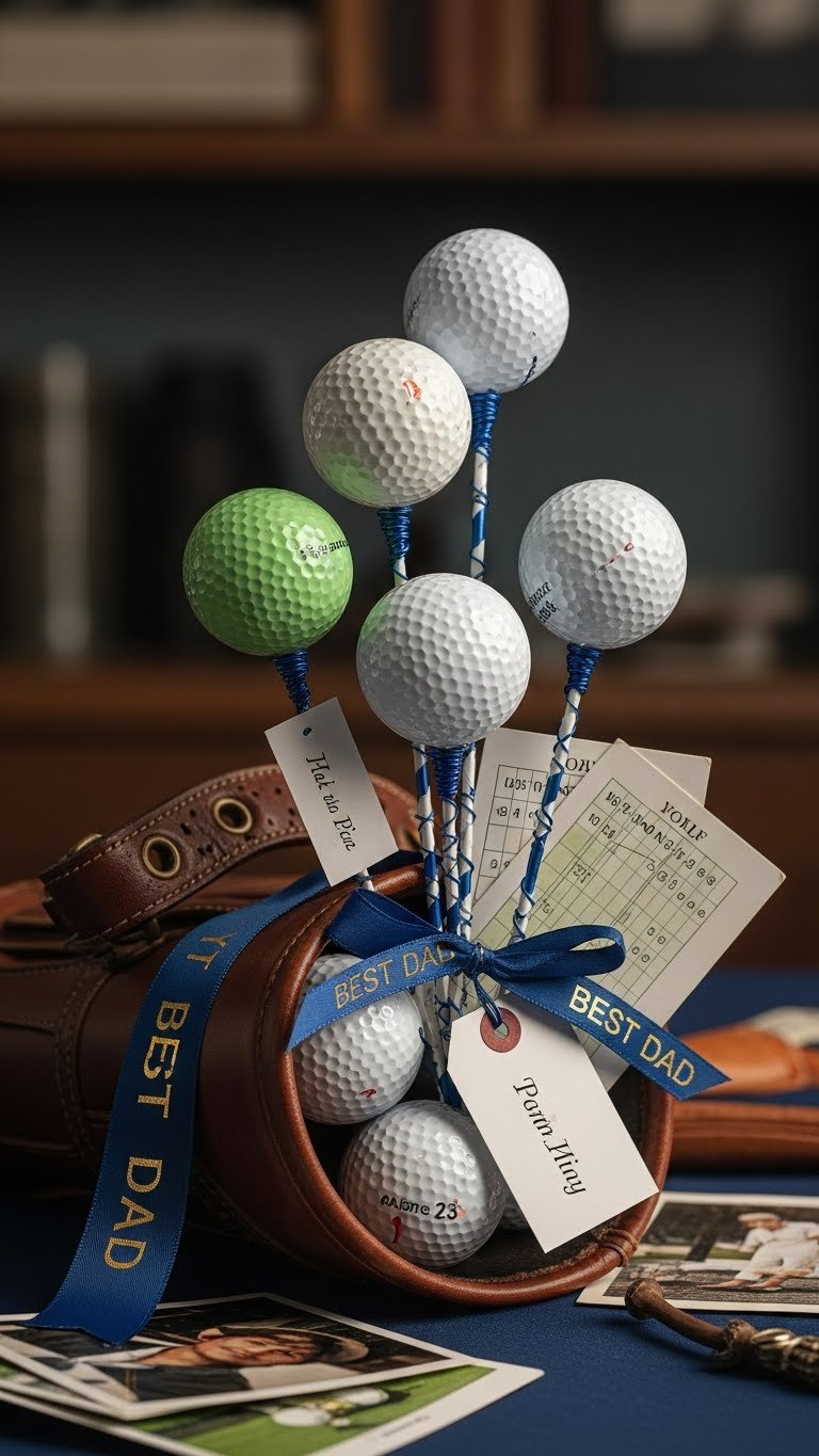 Sentimental Father'S Day Golf Ball Bouquet With Worn Golf Balls In Personalized Leather Bag, 'Best Dad' Ribbon, Scorecards.