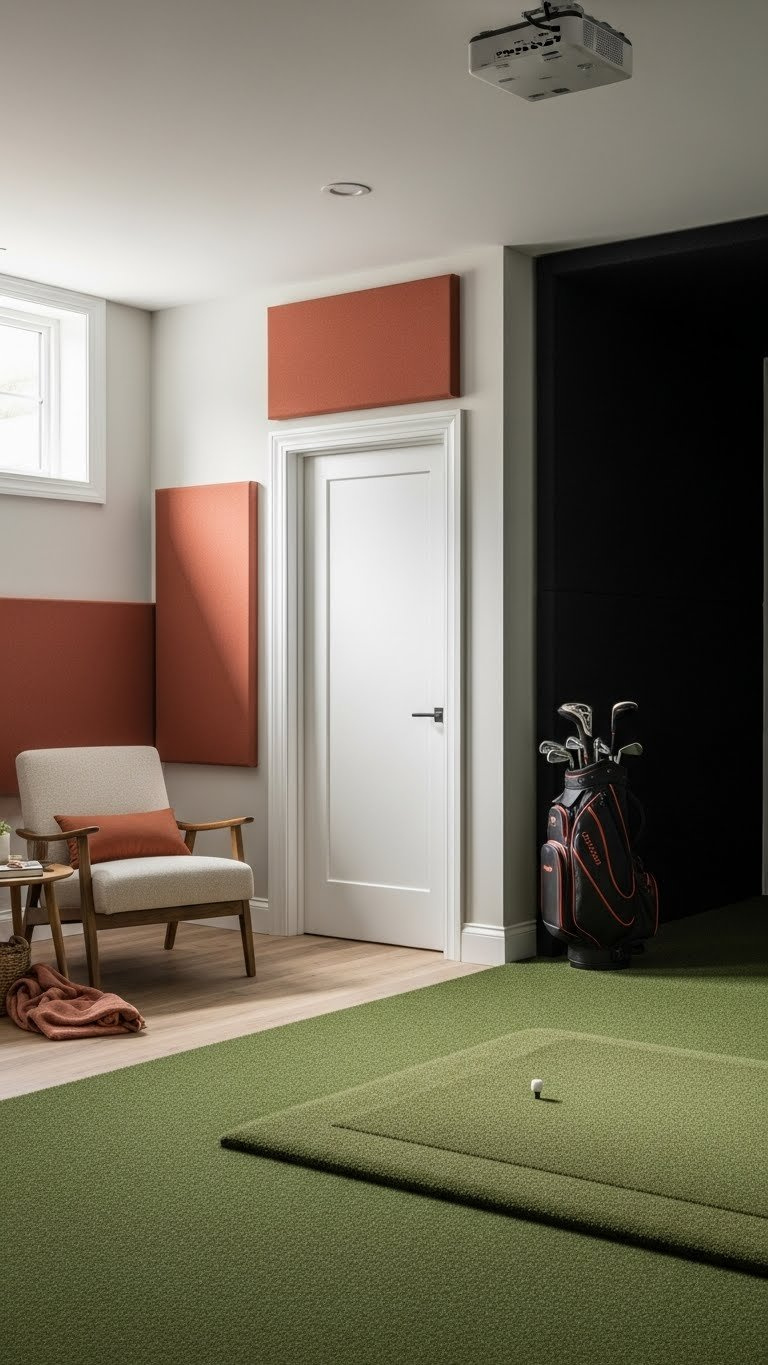 Serene Basement Golf Simulator Room With Acoustic Panels And Soundproofing Elements For Noise Reduction