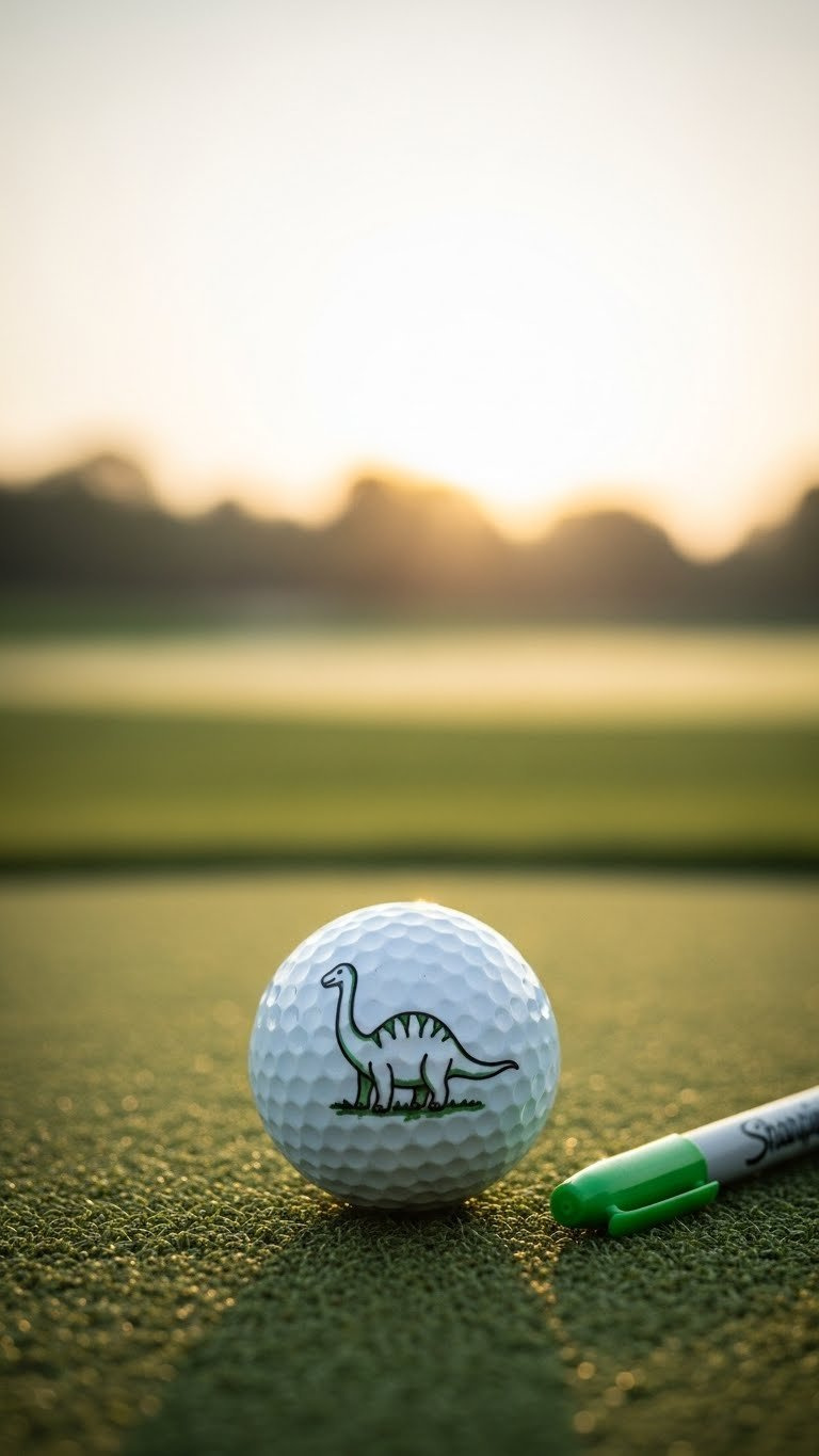 Serene Close-Up Photograph Of Golf Ball With Gentle Brontosaurus Silhouette Drawn In Sharpie Marker On Putting Mat At Dawn.
