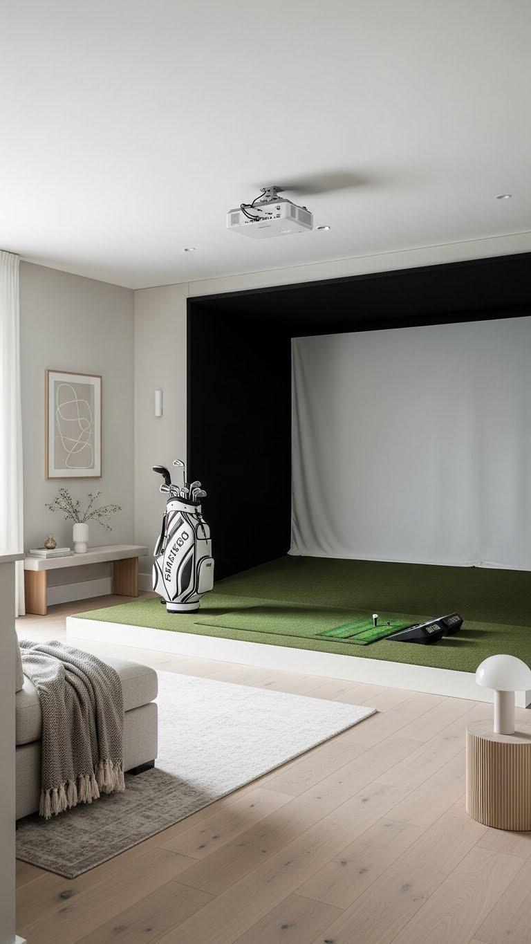 Serene Golf Simulator Room With Neutral Color Palette Featuring Light Oak Flooring, Soft Gray Walls, And Minimalist Interior Design Elements.