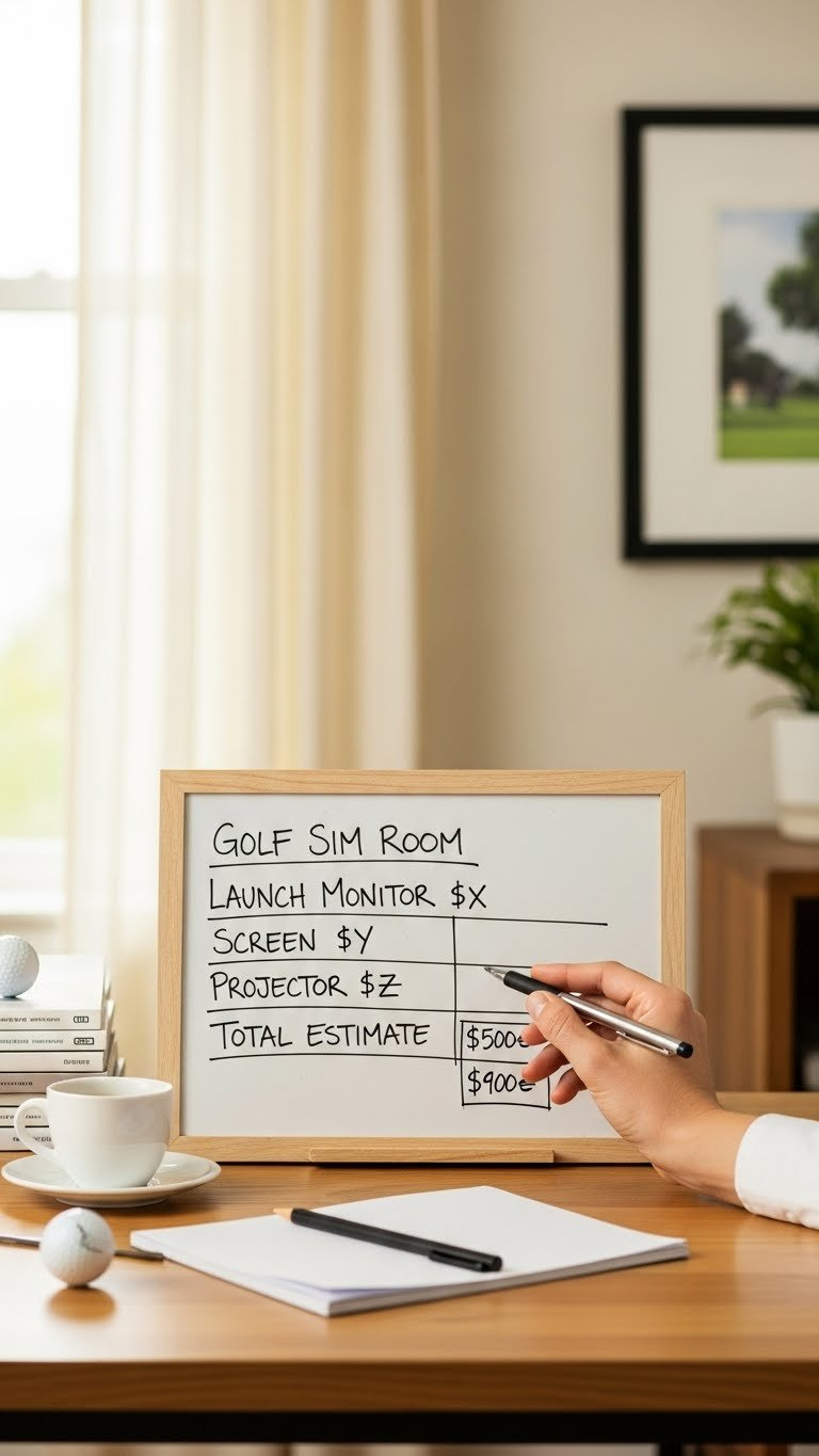 Serene Home Office Corner With A Hand Holding A Pen Hovering Over A Whiteboard, Planning A Golf Simulator Room Budget.