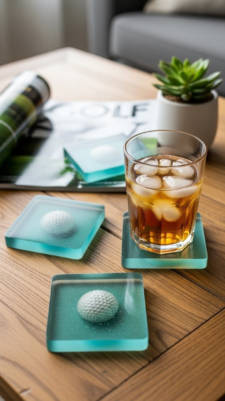 Set Of Four Clear Resin Coasters With Encapsulated Golf Balls On Rustic Wooden Coffee Table