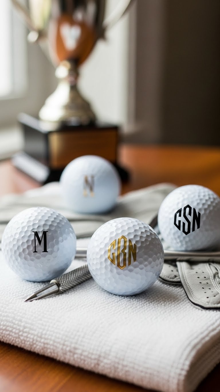 Set Of Three White Golf Balls With Stylish Gold Monogram Initials Arranged Symmetrically On Plush Golf Towel