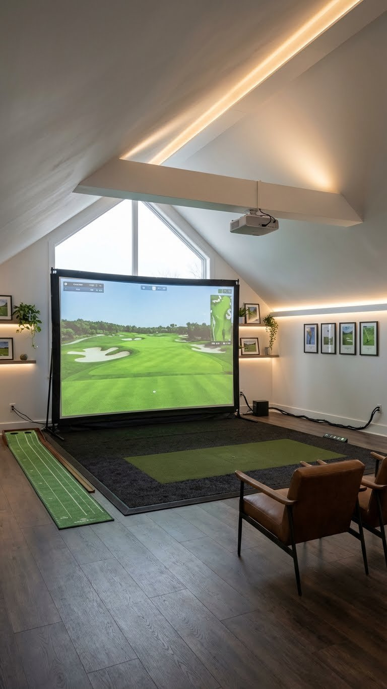 Golf Simulator Loft Room: Ultimate Sloped Ceiling Solutions Short-Throw Projector Casts Vibrant Golf Course Image Onto An Impact Screen In A Modern Golf Simulator Loft Room With A Sloped Ceiling.
