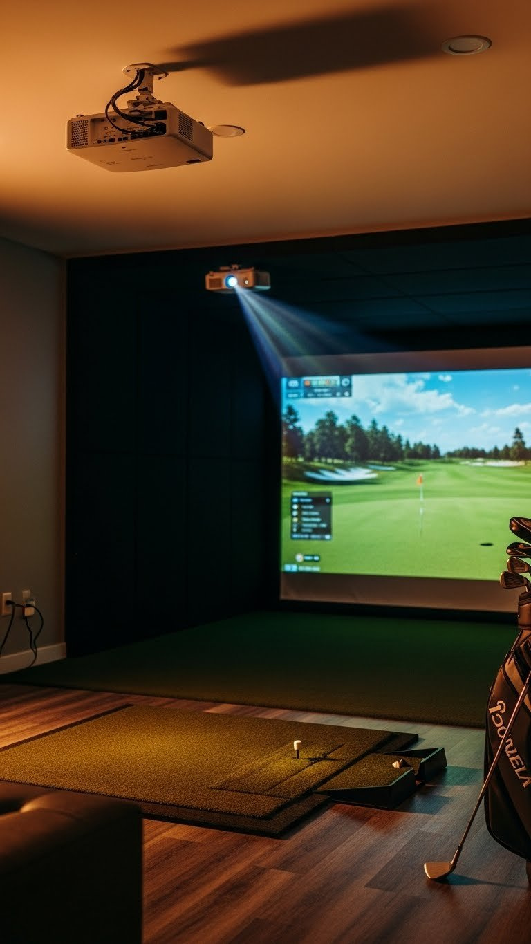 Golf Simulator Room Small Space Complete Setup Guide Short-Throw Projector Mounted On Ceiling Projecting Vibrant Golf Course Image Onto Impact Screen