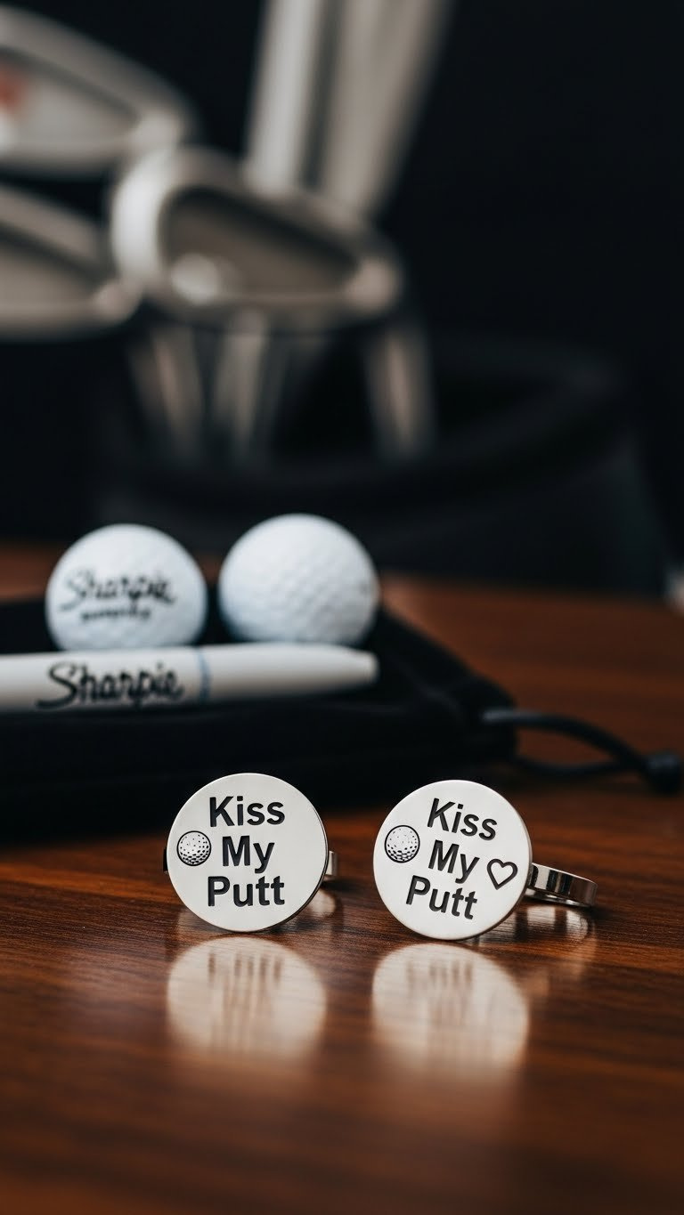 Side-By-Side Comparison Of Sharpie-Decorated And Professionally Engraved 'Kiss My Putt' Golf Ball Markers On Dark Surface