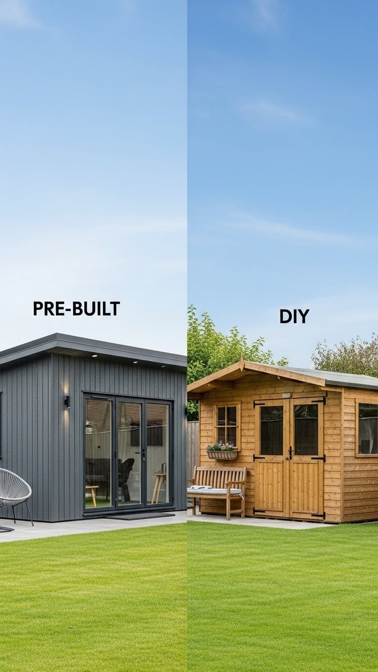 Golf Simulator Shed: Plan, Build, Design &Amp; Cost Guide Side-By-Side Comparison Of A Modern Pre-Built And A Rustic Diy Golf Simulator Shed In A Well-Maintained Backyard.