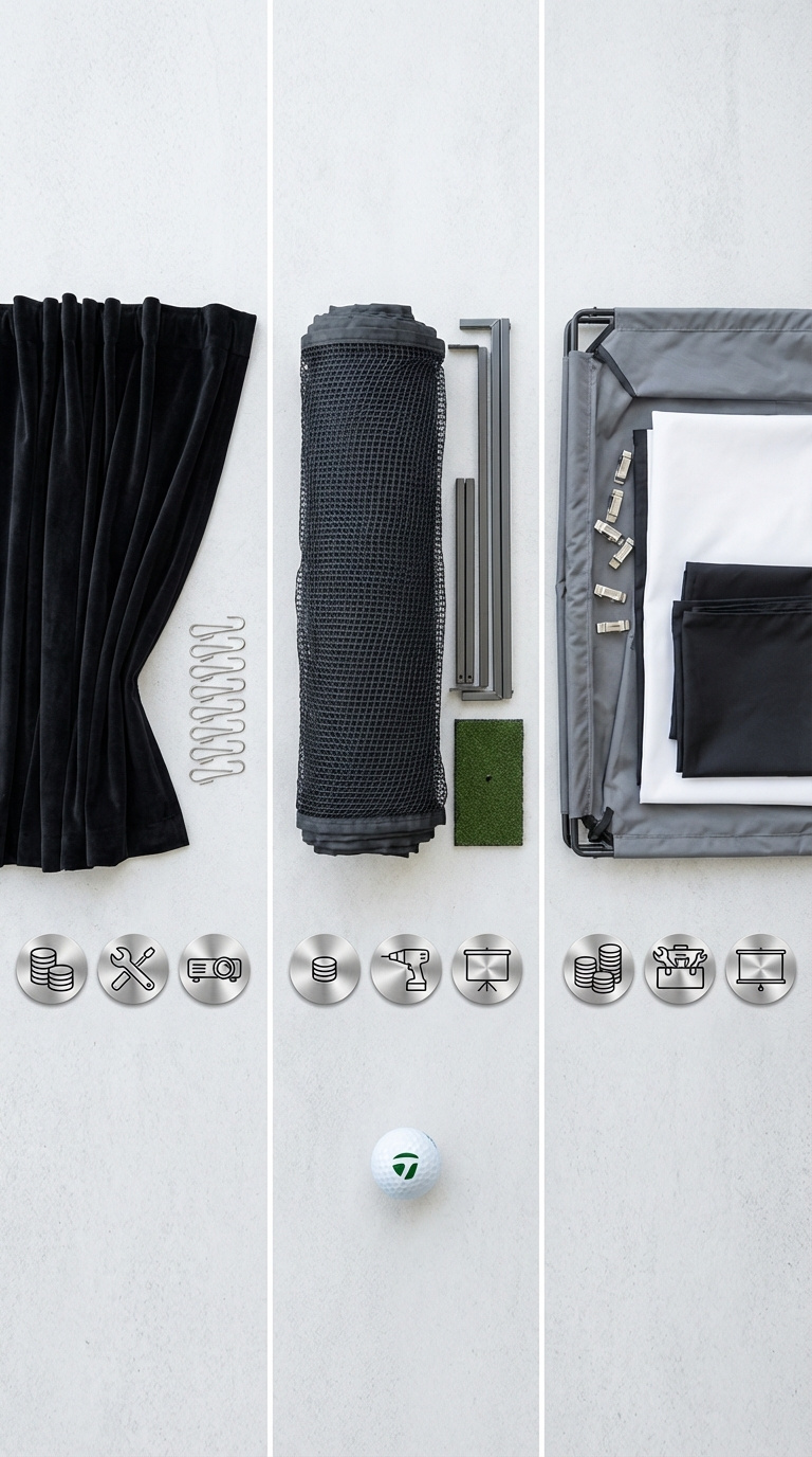 Golf Simulator Room Curtains Complete Guide For Home Setups Side-By-Side Comparison Of Black Curtains, Golf Hitting Net, And Full Fabric Simulator Enclosure On Neutral Background.