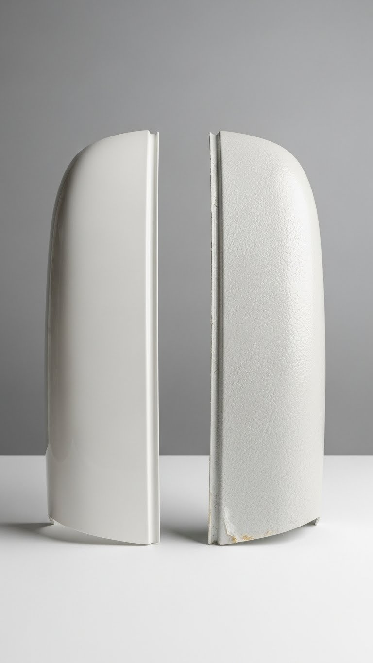 Side-By-Side Comparison Of Injection Molded And Fiberglass Golf Cart Body Panels On White Studio Background