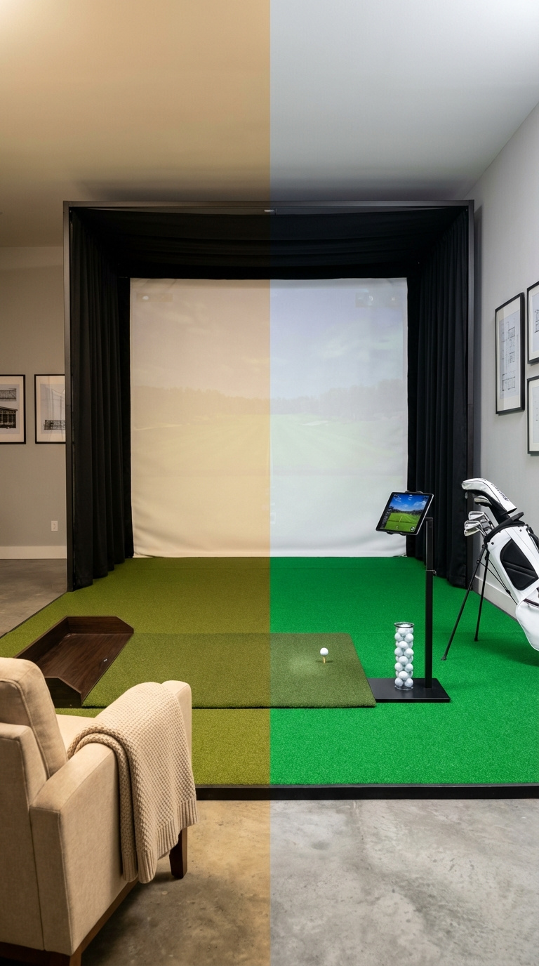 Golf Simulator Room Lighting Complete Guide For Perfect Setup Side-By-Side Comparison Showing Warm Vs Neutral White Lighting Effects On Golf Simulator Turf