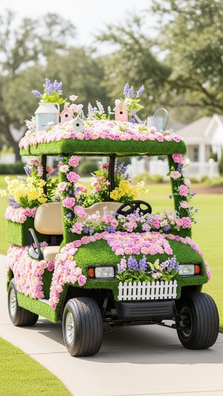 Side Profile Of Floral-Covered Golf Cart With Pink, Lavender, And Yellow Artificial Flowers On Artificial Grass Roll