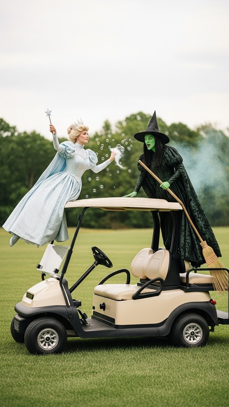Side Profile Of Golf Cart Featuring Glinda The Good Witch And Wicked Witch Props With Dramatic Lighting In Lush Field