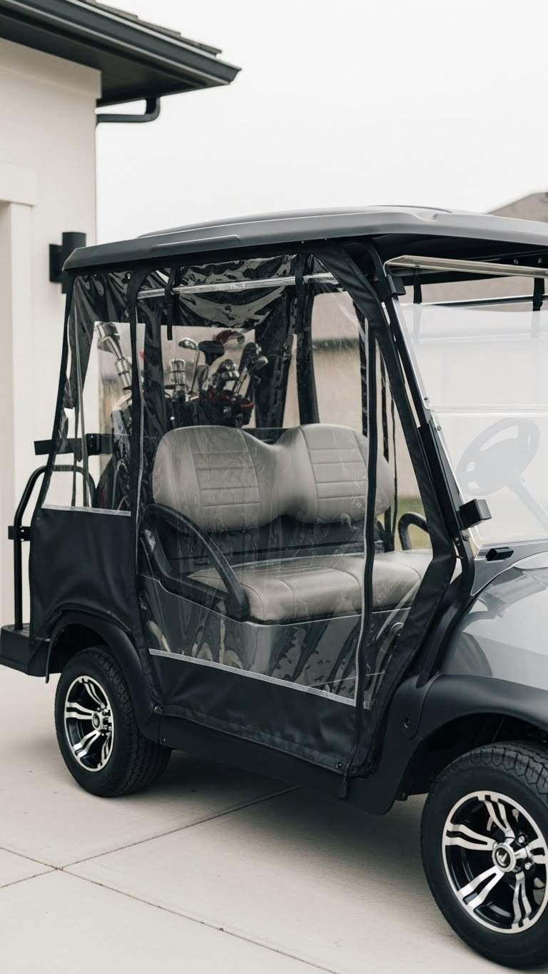Side Profile Of Golf Cart With Marine-Grade Clear Vinyl Enclosure And Custom Roof On Concrete Driveway Background