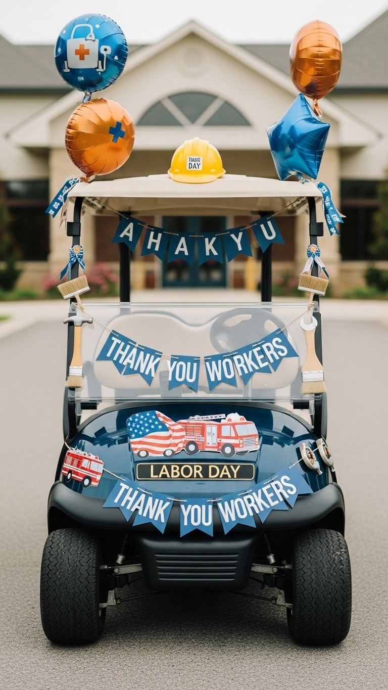 Side View Of Golf Cart Decorated With Miniature Tools And Hard Hat Honoring Labor Professions For Labor Day