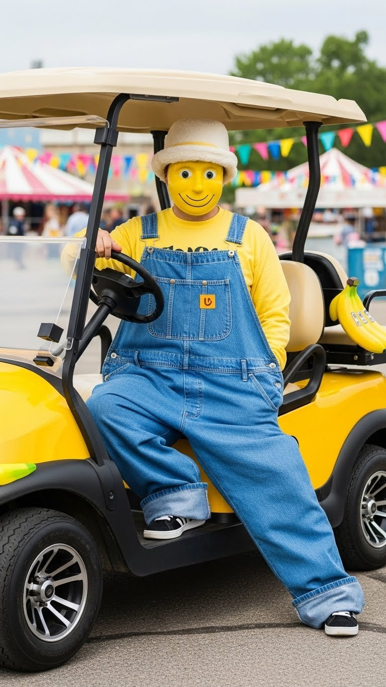 Side View Of Yellow Golf Cart With Blue Minion Overalls Fabric Draped Over Front Featuring Black Buttons And Pockets