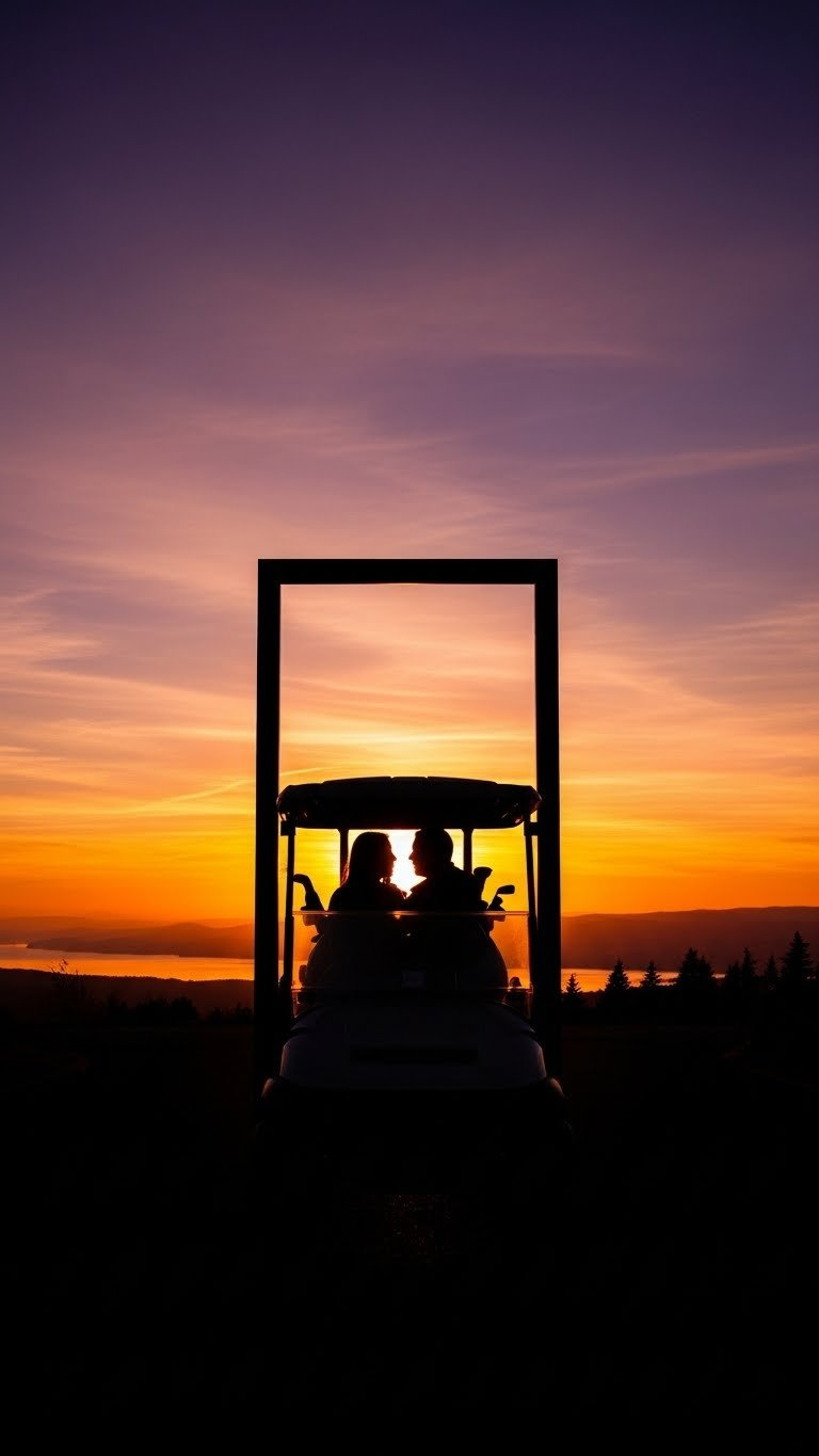 Silhouetted Couple In Golf Cart Against Vibrant Sunset Sky With Dramatic Golden Hour Lighting