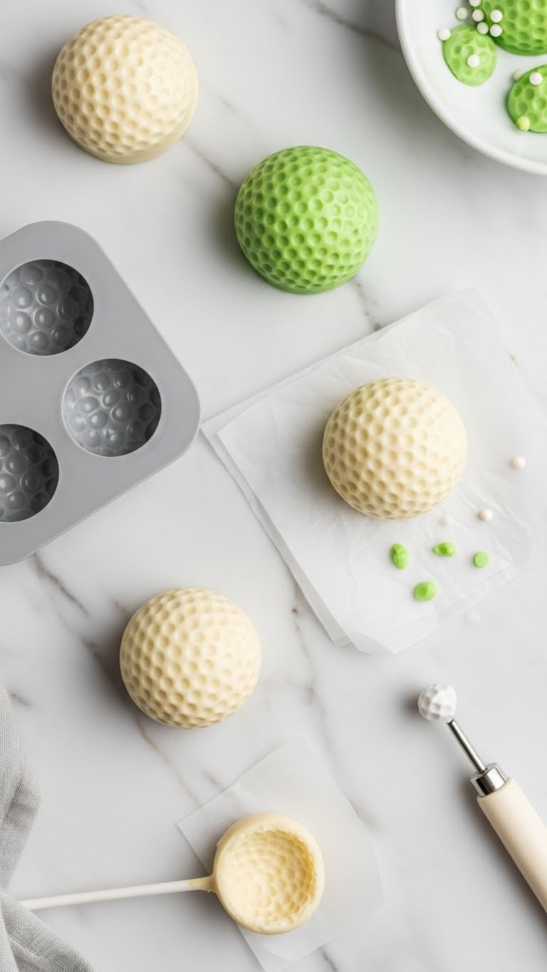 Silicone Mold And Hand-Shaped Golf Ball Cake Pops Showing Dimple Definition Comparison On Marble Counter
