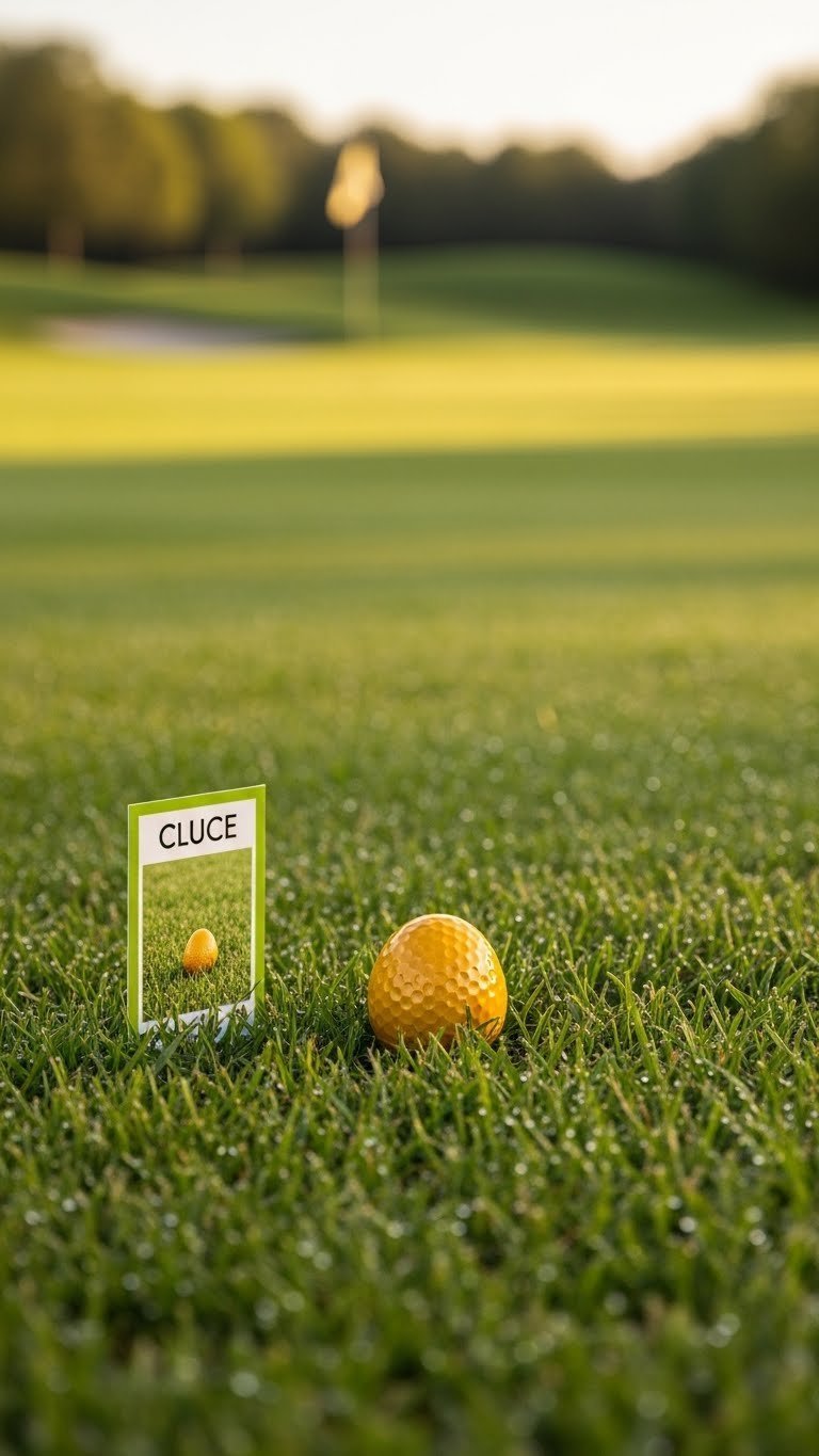 Single Golden-Painted Golf Ball Hidden In Golf Course Rough With Flagstick Visible In Blurred Background During Golden Hour