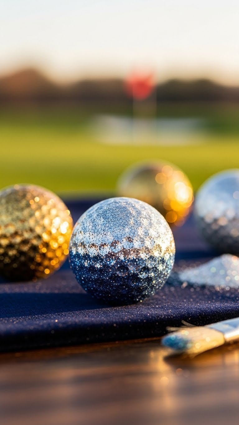Single Golf Ball Coated In Iridescent Glitter With Golden Hour Lighting Reflecting Off Glossy Surface On Velvet Backdrop