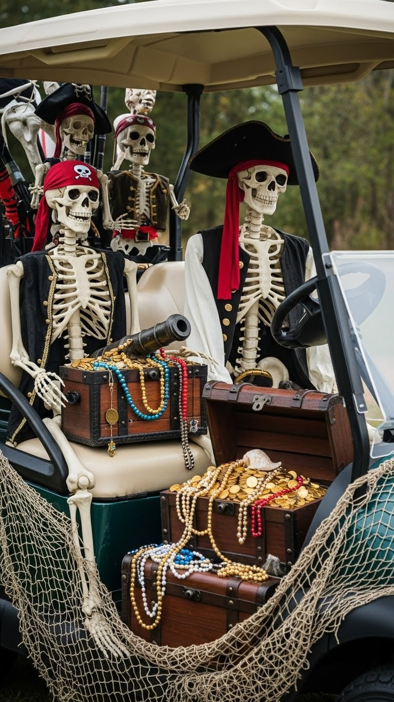 Skeleton Pirate Crew On Golf Cart With Treasure Chests Overflowing With Gold Coins And Jewels