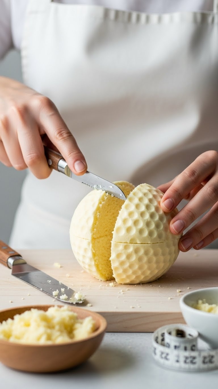 Skilled Hand Carving A Spherical Cake Into A Perfect Golf Ball Shape With A Serrated Knife On A Cutting Board