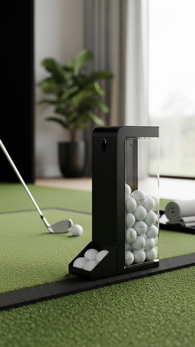 Sleek Black Golf Ball Dispenser With Hopper Filled With White Balls Integrated Into Artificial Turf Hitting Mat