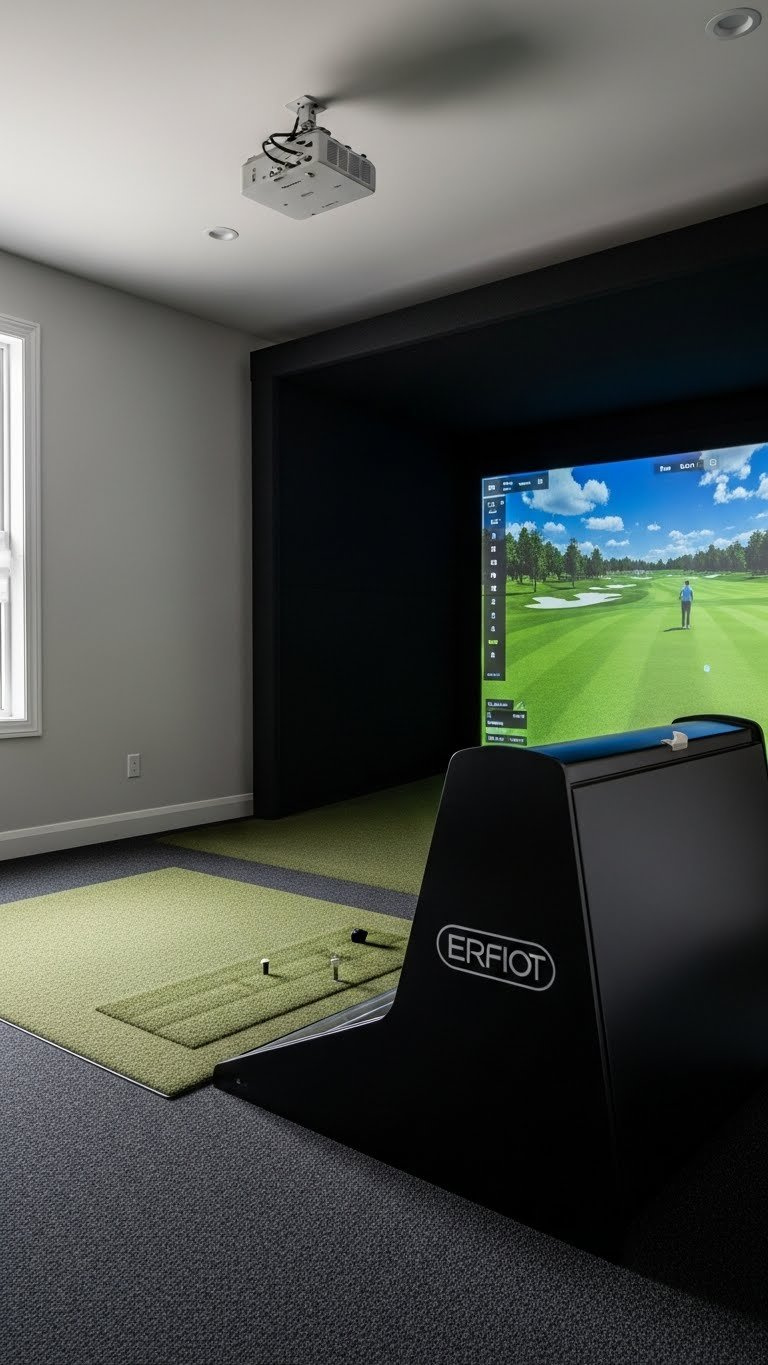Sleek Black Golf Simulator Enclosure With Clean Lines Frames A Vivid Virtual Golf Course On An Impact Screen.