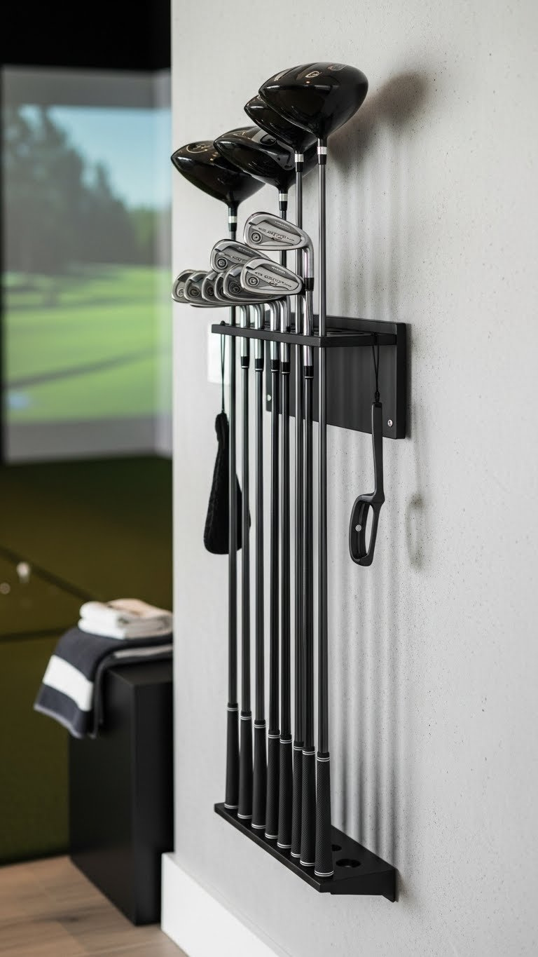 Sleek Black Metal Wall-Mounted Golf Club Storage Racks Organizing 14-16 Clubs Vertically Against A Light Gray Textured Wall In A Modern Golf Simulator Room
