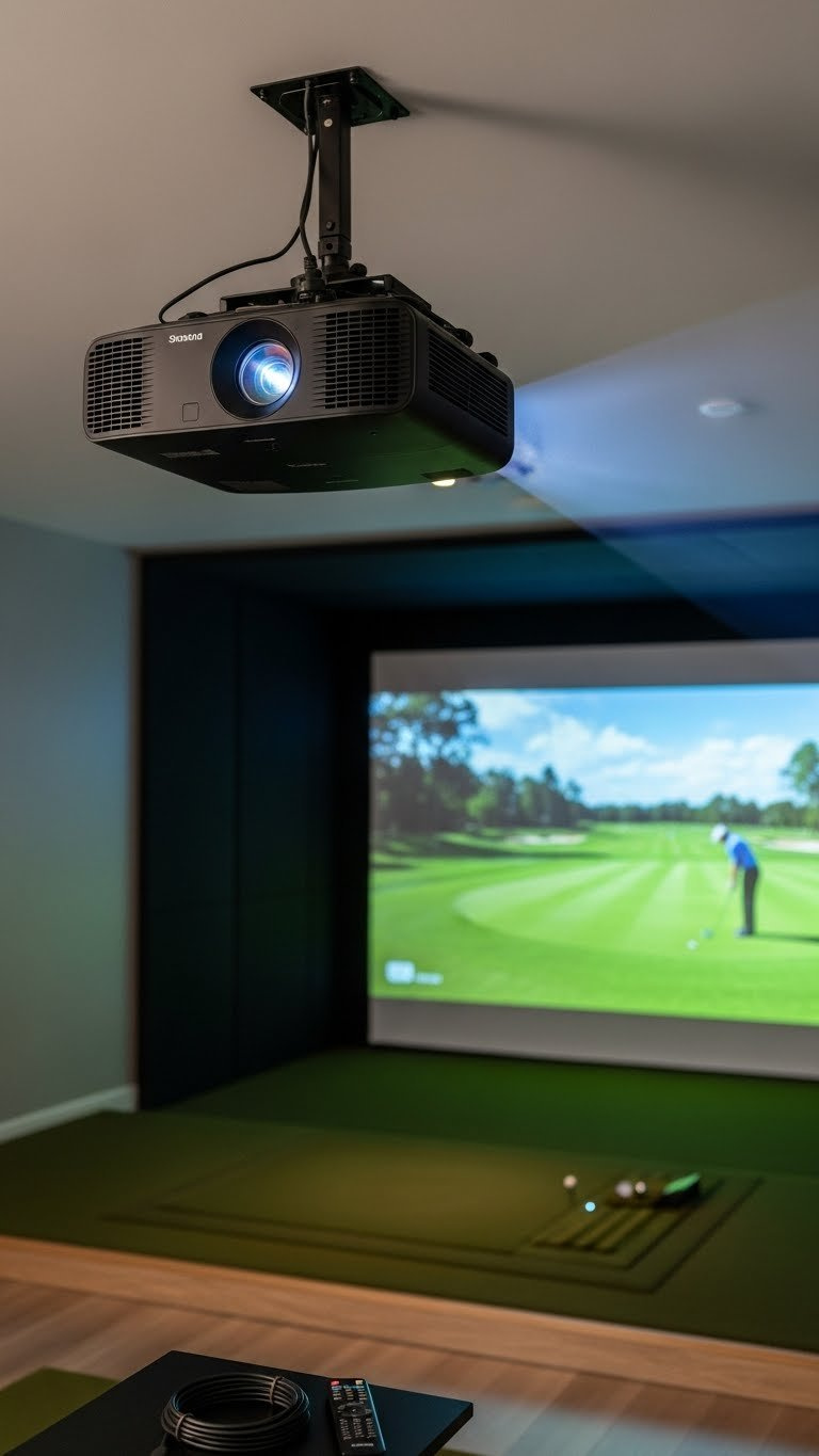 Sleek Black Short-Throw Projector, Ceiling-Mounted, Projecting A Vibrant Golf Course Image Onto An Impact Screen.
