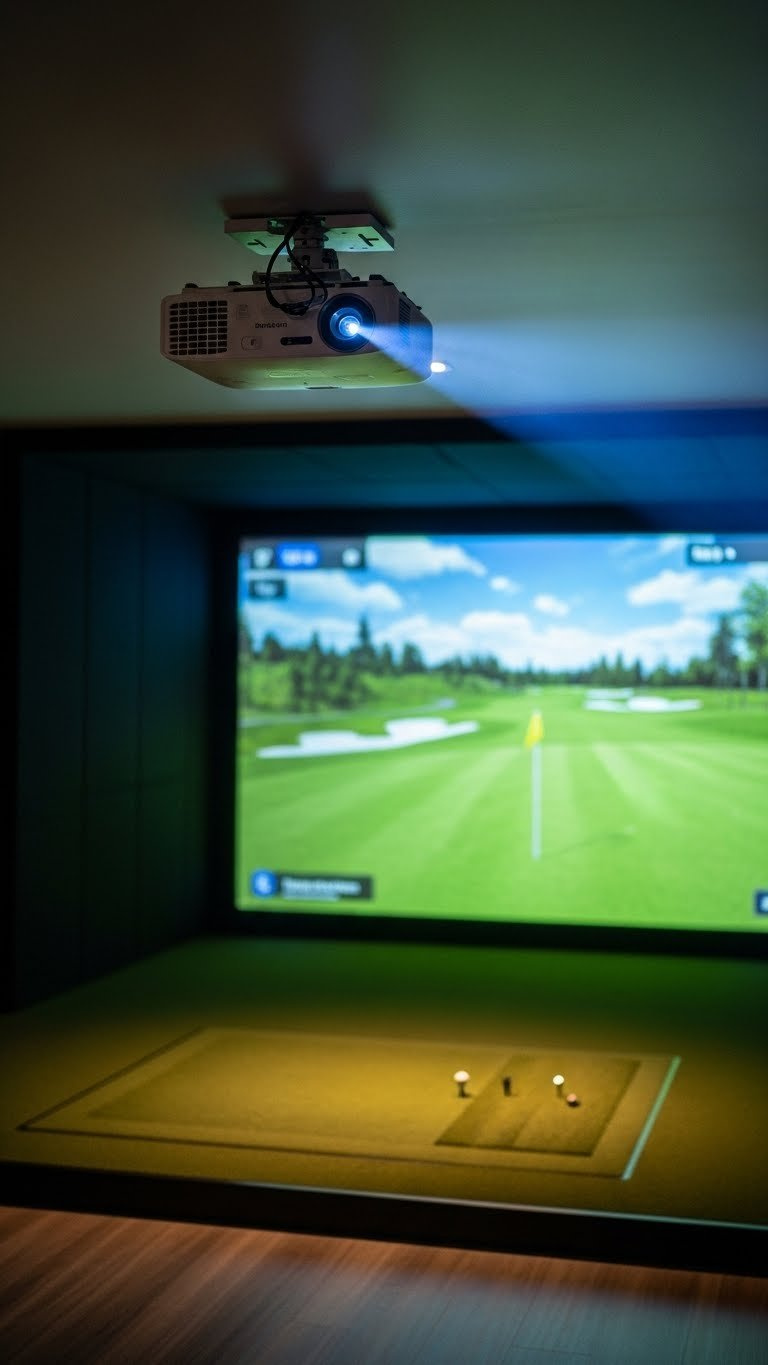 Sleek Ceiling-Mounted Golf Simulator Projector Casts A Vibrant Virtual Course Onto An Impact Screen In A Modern Home Setup.