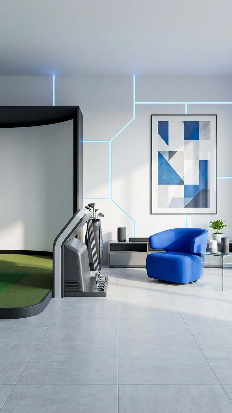Sleek Contemporary Golf Simulator Room Featuring Bold Geometric Shapes, Integrated Smart Technology, Vibrant Blue Accents, And Modern Minimalist Design.