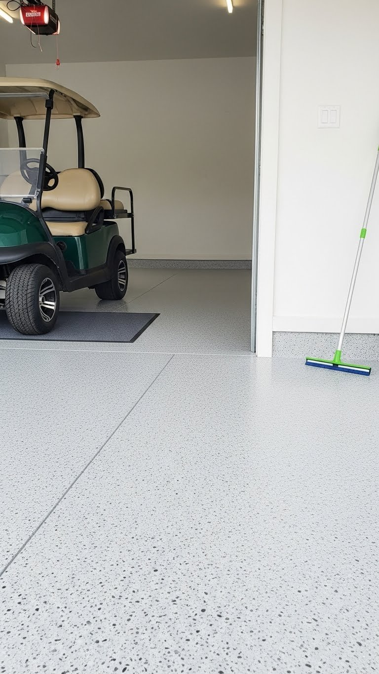Sleek Epoxy-Coated Garage Floor With Golf Cart Parked On Clean Surface Showing Spill-Proof Mat And Modern Baseboards