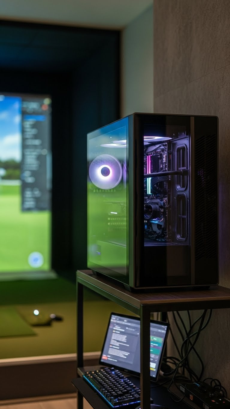 Sleek Gaming Pc With Rgb Lighting Powers A Virtual Golf Course On A Blurred Impact Screen, For A Home Golf Simulator.
