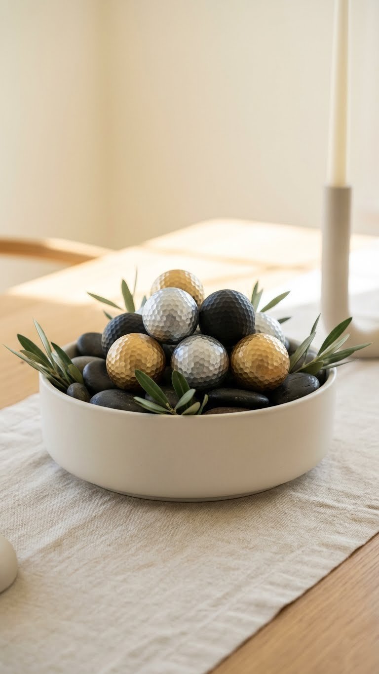 Sleek Golf Ball Centerpiece Featuring Metallic Gold, Silver, And Matte Black Balls In A Ceramic Bowl With River Stones.