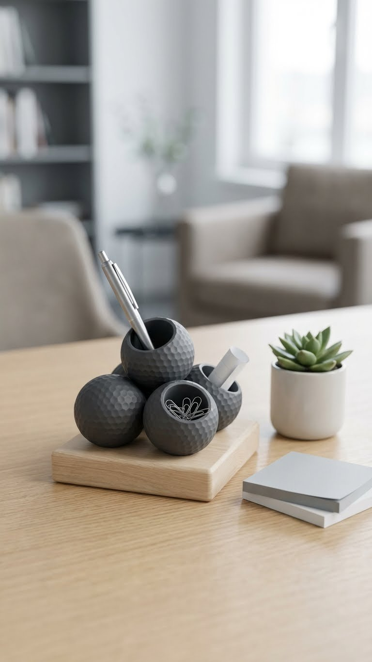 Essential Golf Ball Crafts: 13 Birthday Gifts That Impress Sleek Golf Ball Desk Organizer, In Matte Charcoal Gray, Holds Pens And Paperclips On A Minimalist Wooden Base.