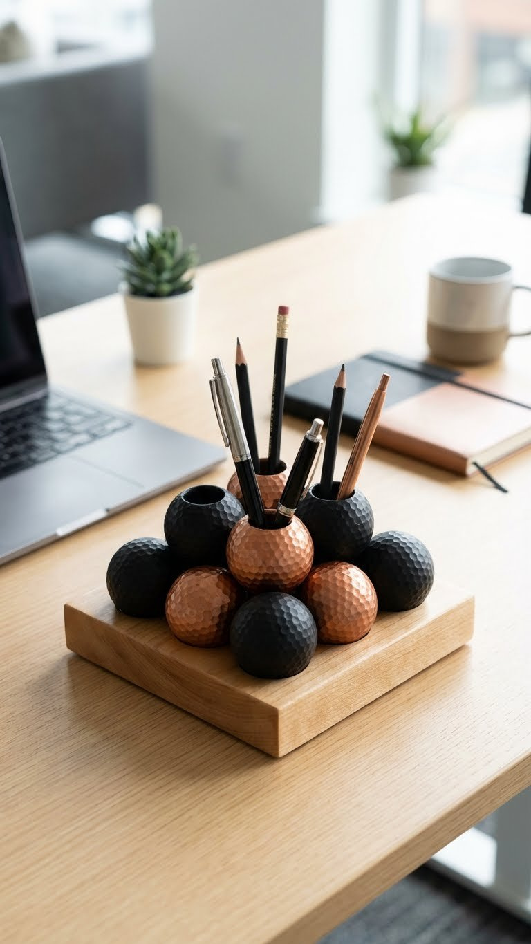 Golf Ball Crafts Projects: 7 Genius Upcycling Ideas Sleek Golf Ball Desk Organizer, Matte Black And Copper, Holding Pens On A Minimalist Wooden Desk With A Succulent.