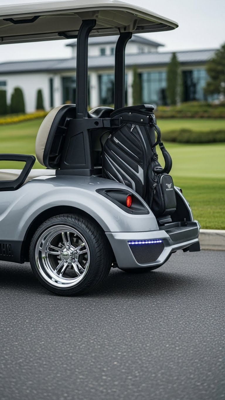 Sleek Golf Cart With Sporty Phoenix Body Kit On Yamaha G29 Drive Featuring Metallic Silver Finish At Country Club Entrance