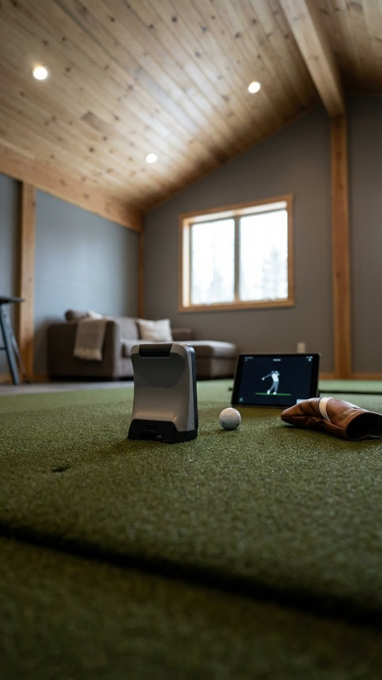 Golf Simulator Loft Room: Ultimate Sloped Ceiling Solutions Sleek Golf Launch Monitor And Hitting Mat In A Modern Golf Simulator Loft Room With A Sloped Ceiling, Golf Ball, And Tablet.