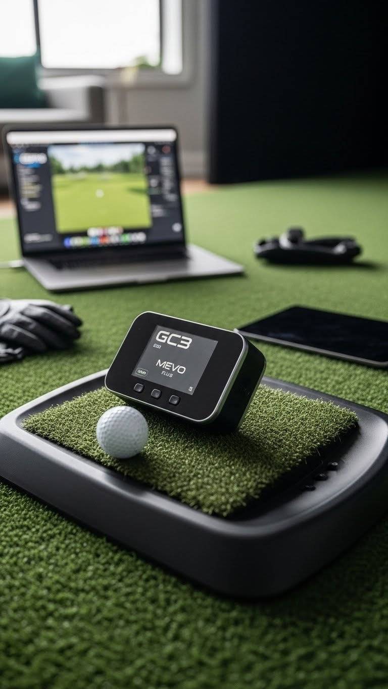 Sleek Golf Launch Monitor On A Dark Grey Hitting Mat, With Laptop Displaying Simulation Software And Premium Golf Gear.