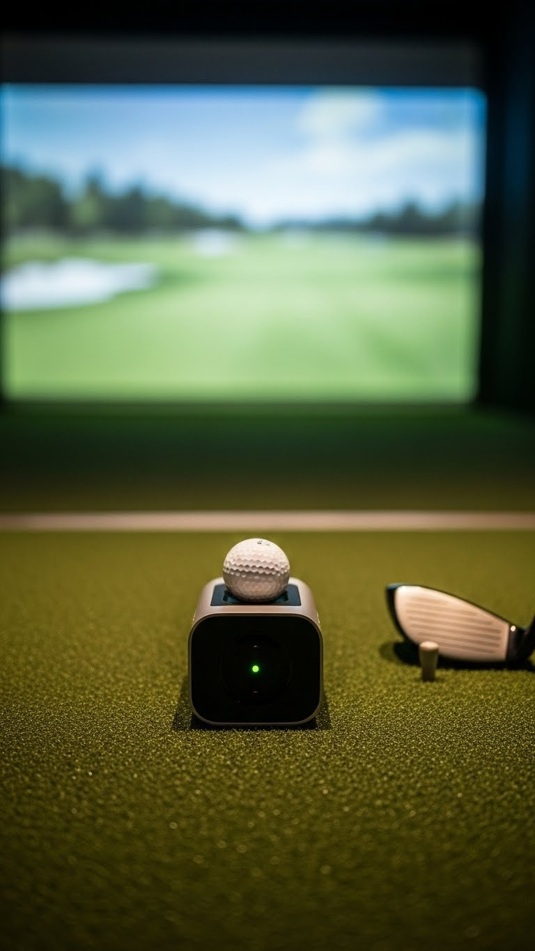 Sleek Golf Launch Monitor With Led Indicator And Sensors Behind A White Golf Ball On A Dark Green Hitting Mat In A Golf Simulator, With A Blurred Golf Course Background.
