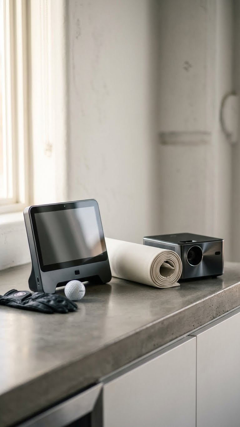 Sleek Launch Monitor, Rolled Impact Screen, And Compact Golf Projector On A Modern Concrete Counter For Home Golf Simulator.
