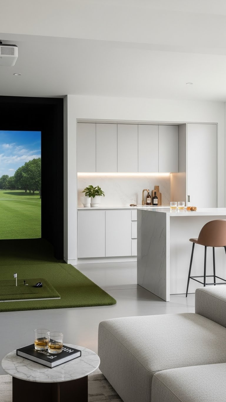 Sleek Minimalist Golf Simulator Bar With White Walls, Built-In Cabinet, And Bright Daylight In Contemporary Home Design