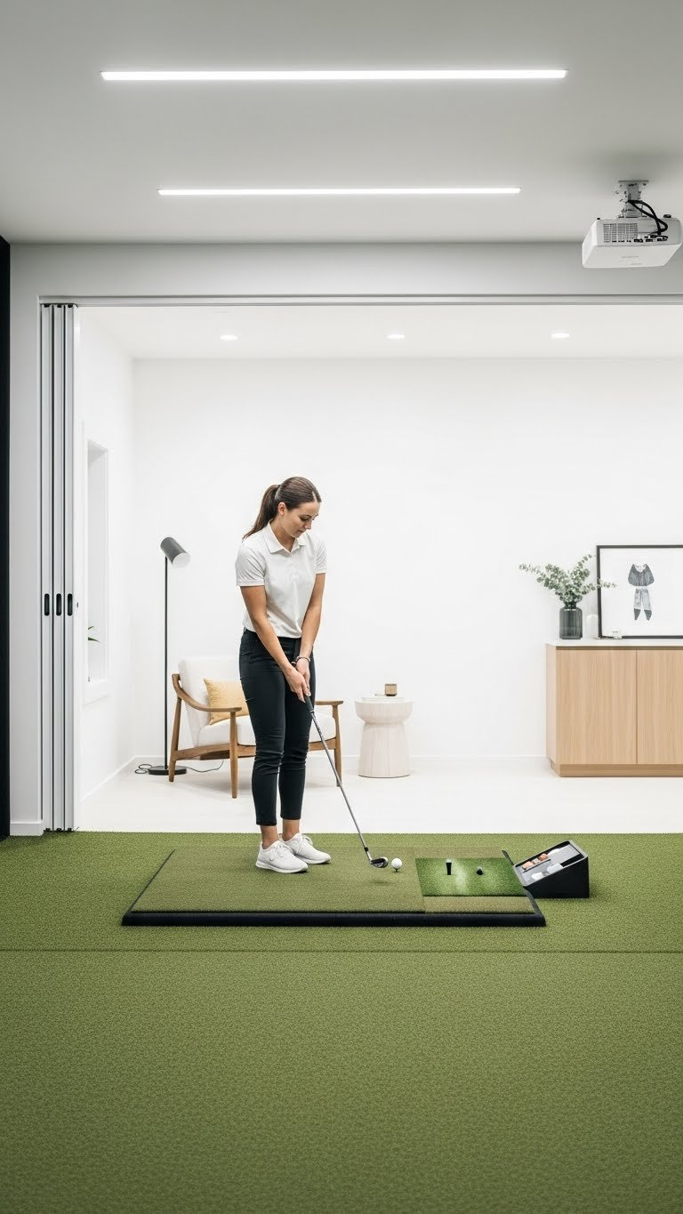 Sleek Minimalist Golf Studio With Hidden Simulator, Neutral Color Palette, And Discreet Furniture In Bright Airy Space