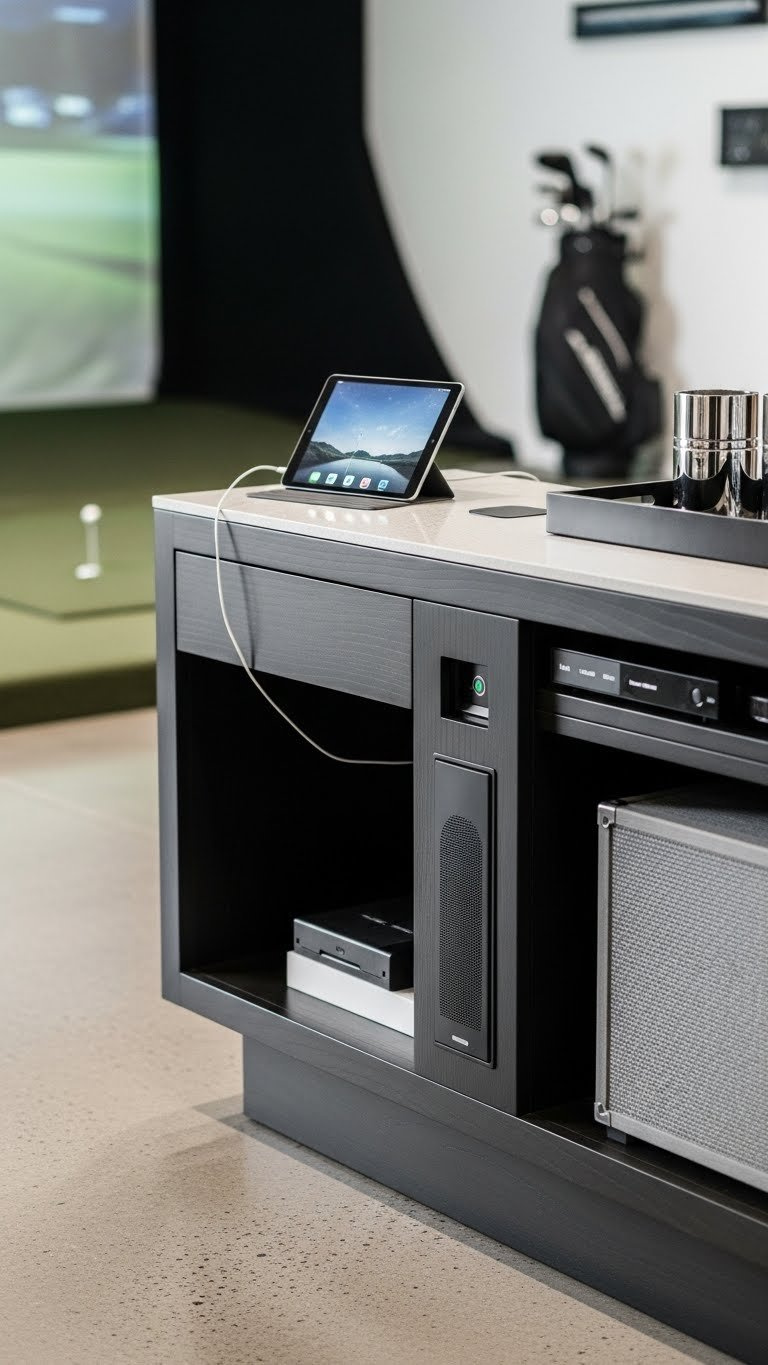 Sleek Modern Console Table With Built-In Charging Stations Integrated Into A Golf Simulator Room Setup