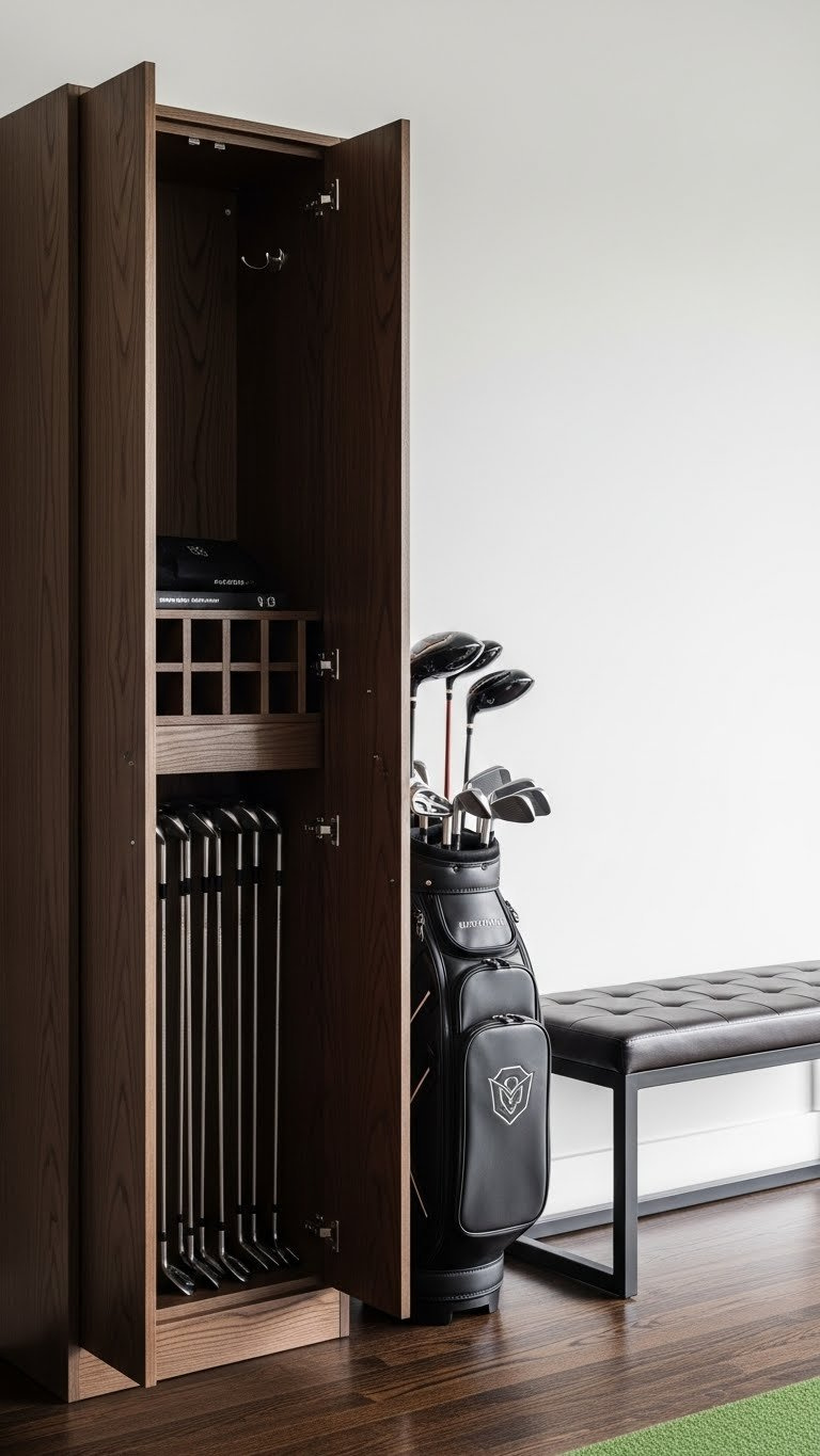 Golf Decor Ideas: 11 Ultimate Home Simulator Room Designs Sleek, Modern Dark Wood Golf Club Storage Cabinetry With Polished Clubs Neatly Organized In Individual Slots.