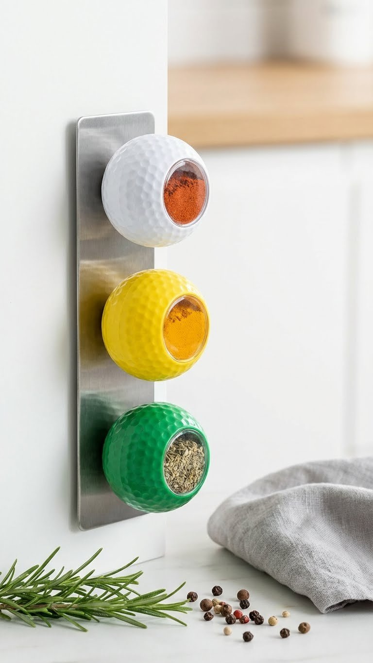Sleek Plastic Golf Ball Magnetic Spice Holders With Vibrant Spices On A Metal Rack, In A Modern, Clean Kitchen Setting.