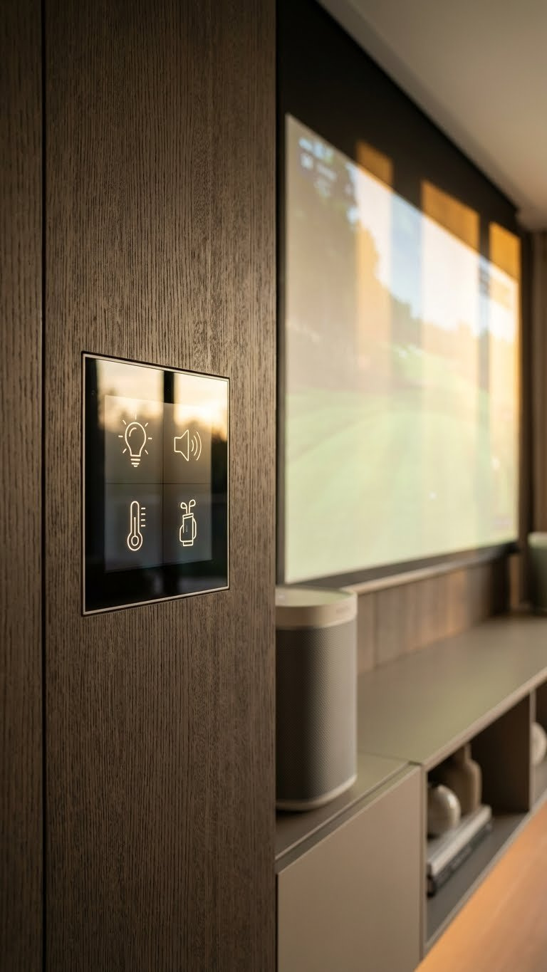 Sleek Smart Home Control Panel Displaying Golf Simulator Functions In A Luxurious Setting, Showing Icons For Lighting, Sound, Climate, And Simulator Software.