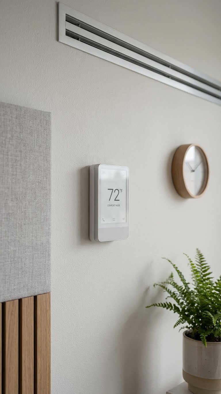 Sleek Smart Thermostat With Acoustic Paneling And Hvac Vent On A Modern Wall, Ensuring Comfort In A Bonus Room Golf Simulator.