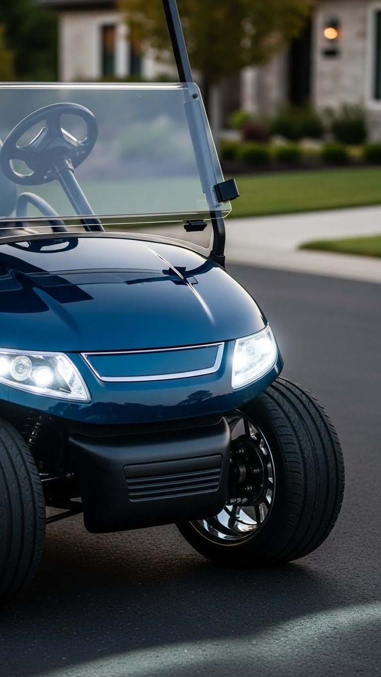 Sleek Street-Legal Golf Cart With Metallic Finish And Led Lights Parked In Elegant Suburban Driveway During Golden Hour