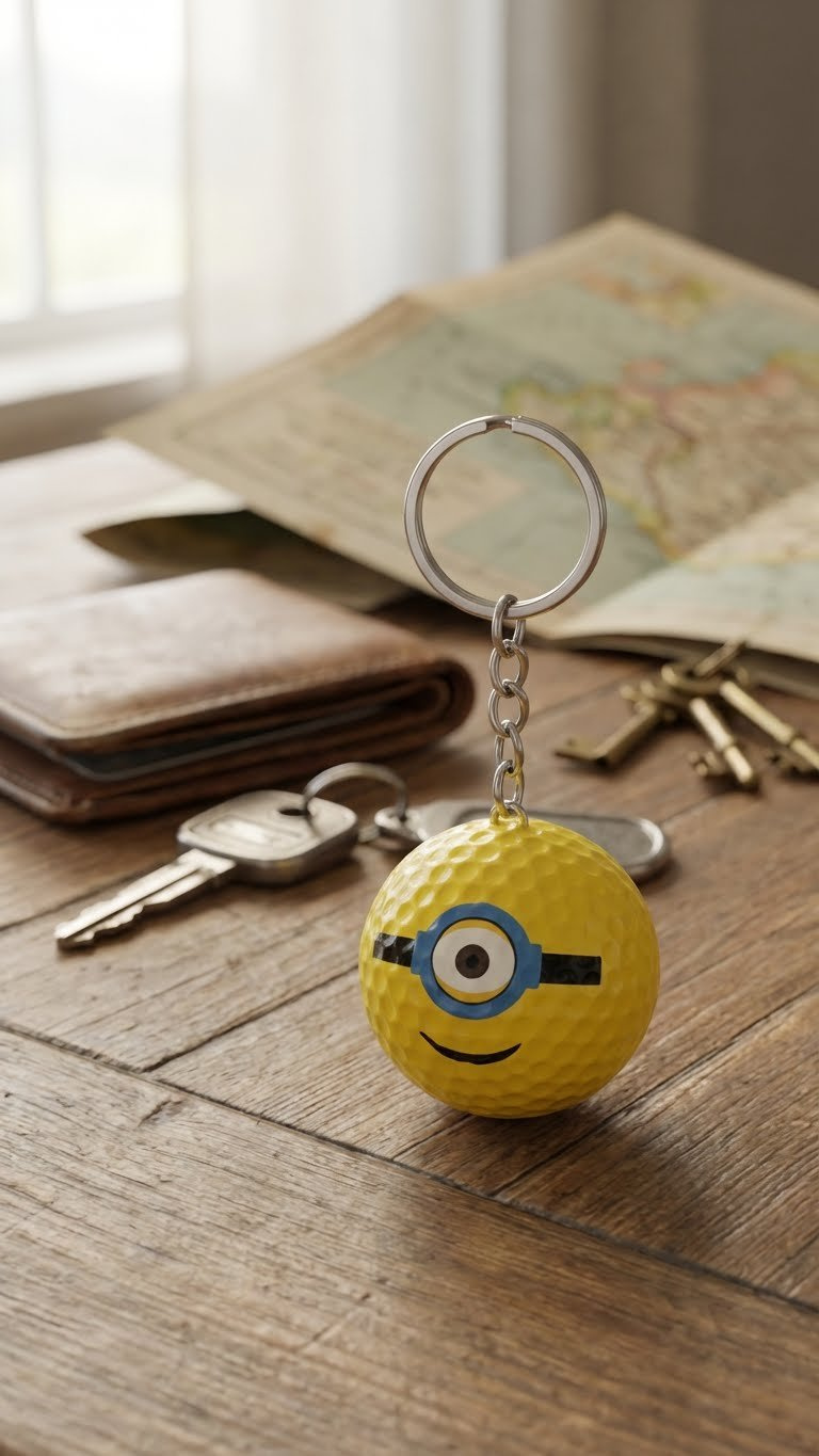 Minion Golf Ball Crafts: 11 Unique Diy Ideas &Amp; Designs Small Minion Golf Ball Keychain With A Cheerful Expression And Goggle, Hanging From A Metal Ring On A Rustic Table With A Blurred Travel Map.